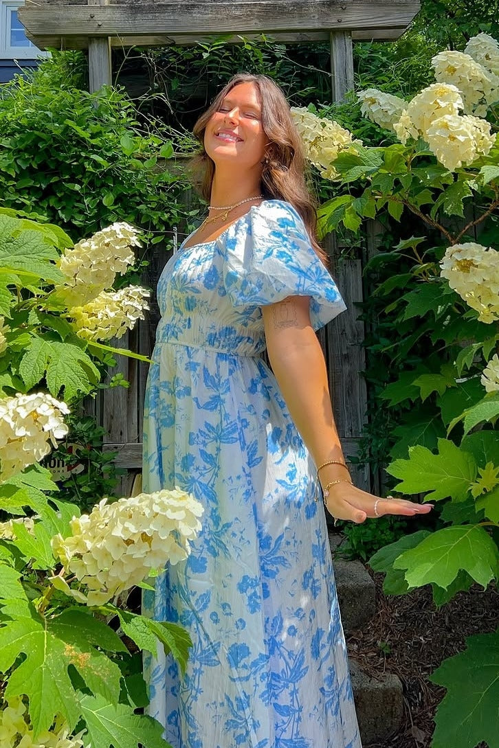 Blue Floral Puff Sleeve Midi Dress