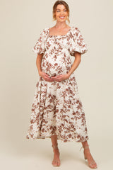 Brown Floral Puff Sleeve Maternity Midi Dress