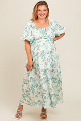 Teal Floral Puff Sleeve Maternity Plus Midi Dress