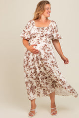 Brown Floral Puff Sleeve Maternity Plus Midi Dress