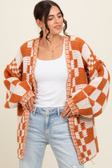 Rust Mixed Check Pattern Chunky Cardigan