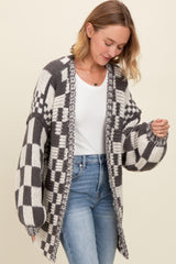 Charcoal Mixed Check Pattern Chunky Cardigan