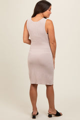 Beige Ruched Sleeveless Maternity Fitted Dress