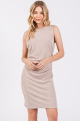 Beige Ruched Sleeveless Fitted Dress