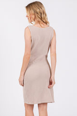 Beige Ruched Sleeveless Fitted Dress