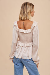 Almond Washed Satin Cross Ruffled Long Sleeve Blouse