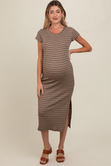 Brown Striped Side Slit Maternity Midi Dress