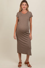 Brown Striped Side Slit Maternity Midi Dress