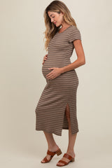 Brown Striped Side Slit Maternity Midi Dress