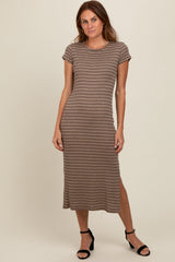 Brown Striped Side Slit Maternity Midi Dress