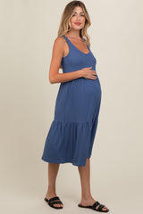 Blue Tiered Sleeveless Maternity Midi Dress