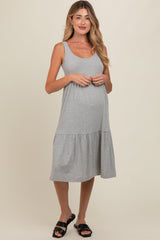 Heather Grey Tiered Sleeveless Maternity Midi Dress