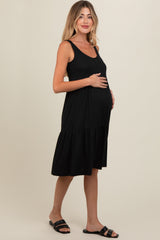 Black Tiered Sleeveless Maternity Midi Dress