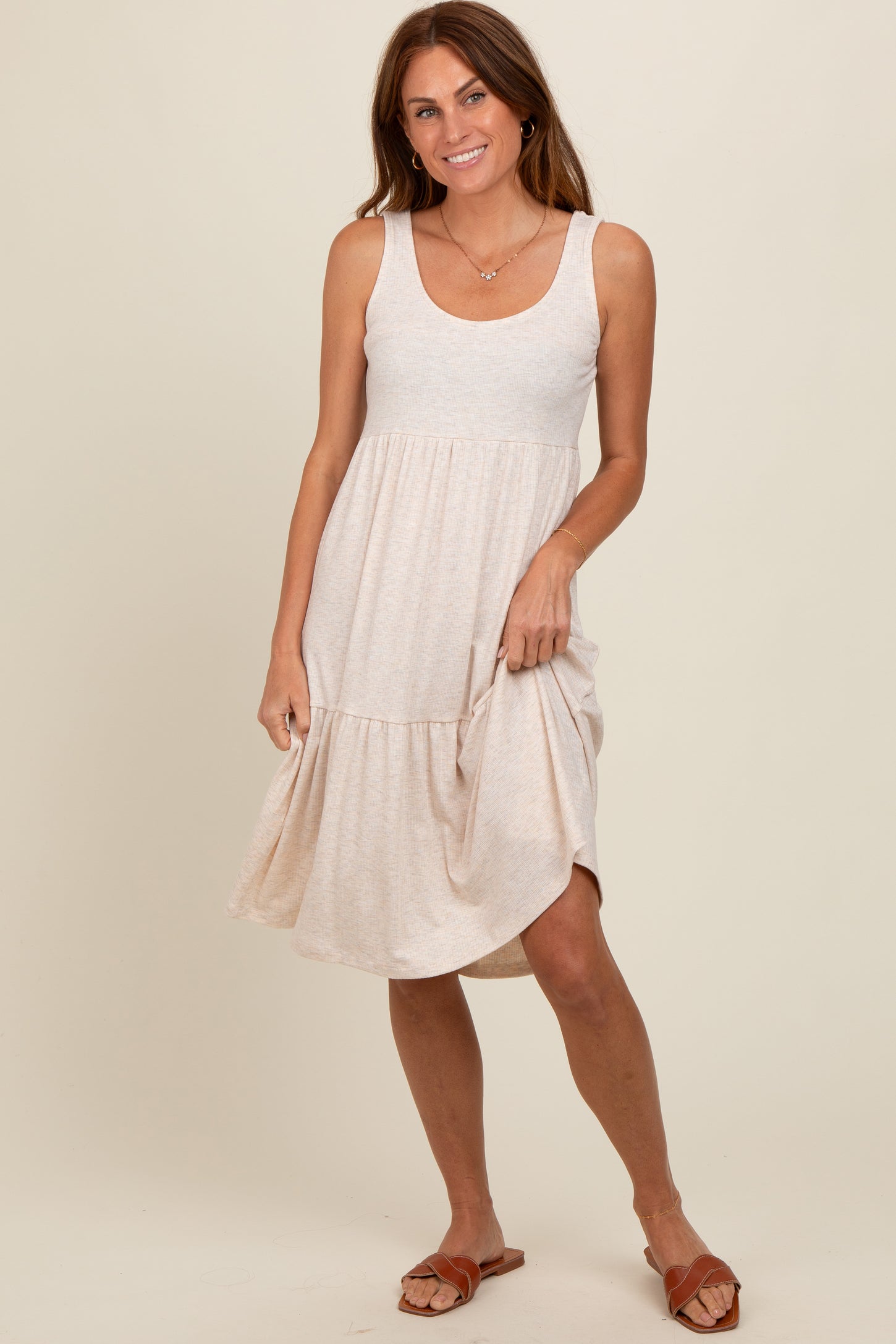 Beige Tiered Sleeveless Midi Dress