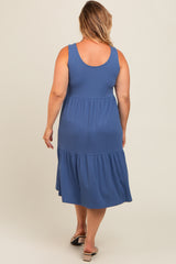 Blue Tiered Sleeveless Maternity Plus Midi Dress