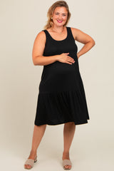 Black Tiered Sleeveless Maternity Plus Midi Dress