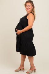 Black Tiered Sleeveless Maternity Plus Midi Dress