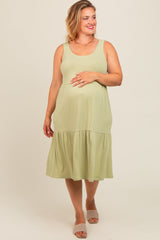 Light Olive Tiered Sleeveless Maternity Plus Midi Dress