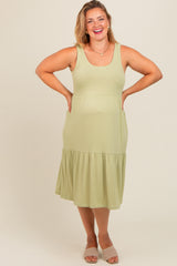 Light Olive Tiered Sleeveless Maternity Plus Midi Dress