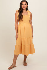 Yellow Smocked Tie Strap Tiered Maternity Midi Dress