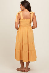 Yellow Smocked Tie Strap Tiered Maternity Midi Dress