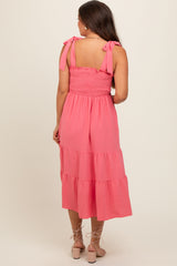 Salmon Smocked Tie Strap Tiered Maternity Midi Dress