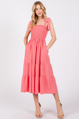 Salmon Smocked Tie Strap Tiered Maternity Midi Dress