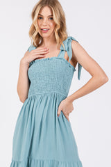 Light Blue Smocked Tie Strap Tiered Midi Dress