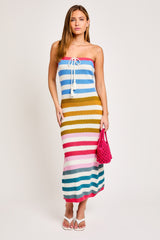 Multi Stripe Strapless Knit Fitted Midi Dress