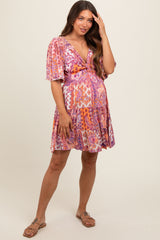 Peach Paisley Twist Front Short Sleeve Maternity Dress