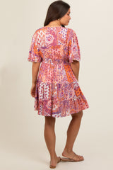 Peach Paisley Twist Front Short Sleeve Maternity Dress