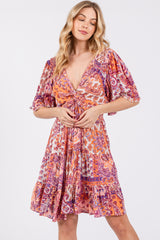 Peach Paisley Twist Front Short Sleeve Dress