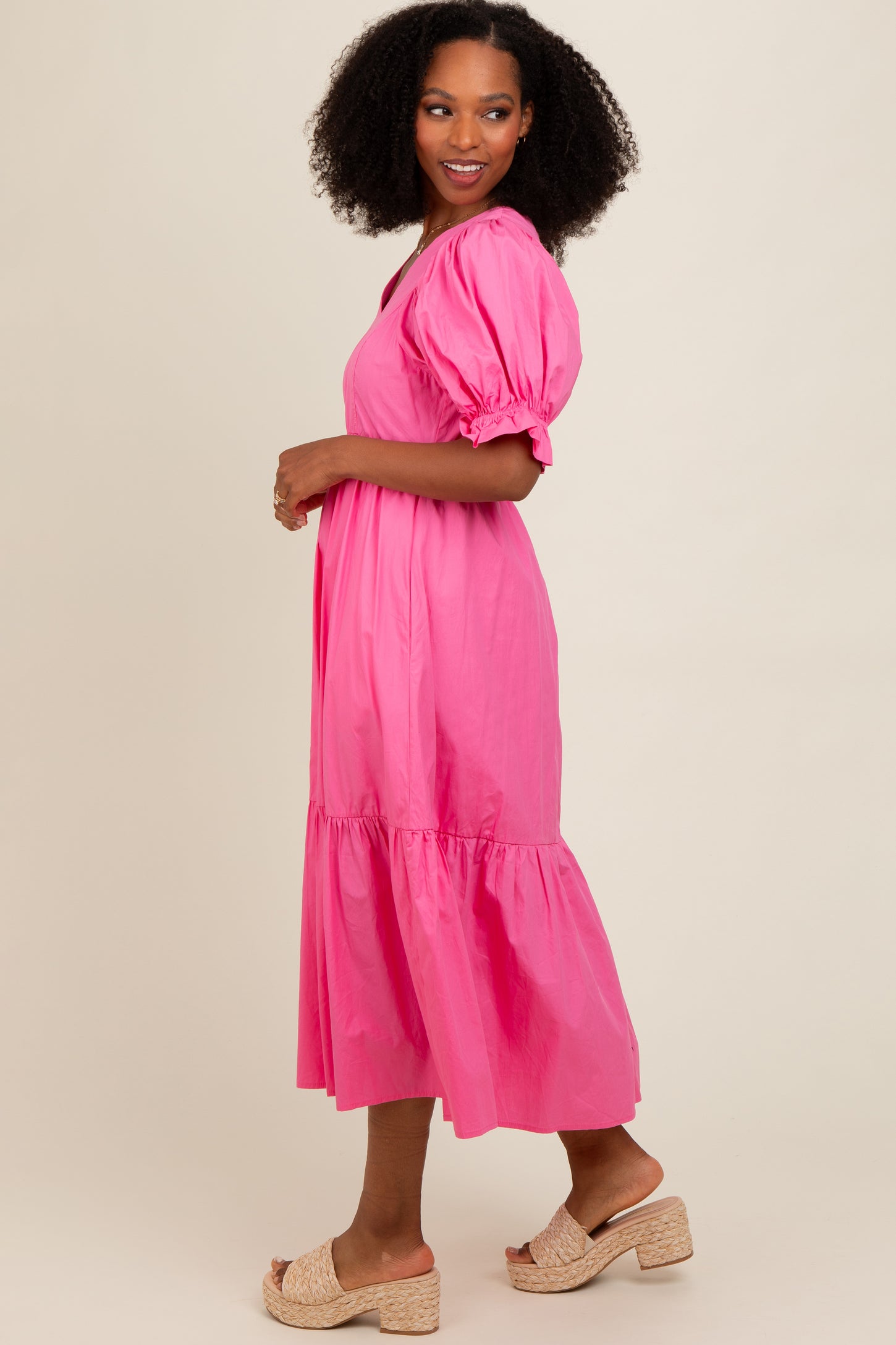 Fuchsia Short Puff Sleeve Tiered Midi Dress