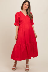 Red Short Puff Sleeve Tiered Maternity Midi Dress