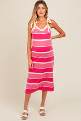 Pink Striped Shoulder Tie Side Slit Maternity Midi Dress