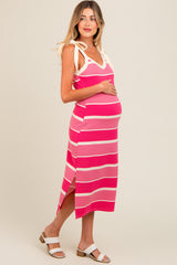 Pink Striped Shoulder Tie Side Slit Maternity Midi Dress