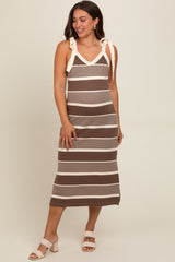 Brown Striped Shoulder Tie Side Slit Maternity Midi Dress