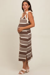 Brown Striped Shoulder Tie Side Slit Maternity Midi Dress