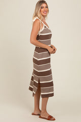 Brown Striped Shoulder Tie Side Slit Midi Dress