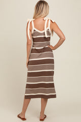 Brown Striped Shoulder Tie Side Slit Midi Dress