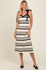 Cream Striped Shoulder Tie Side Slit Maternity Midi Dress