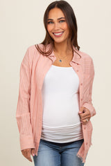 Mauve Striped Fringe Button Down Maternity Shirt