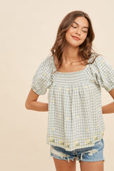 Moss Floral Embroidery Gingham Smock Blouse