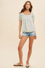 Moss Floral Embroidery Gingham Smock Blouse