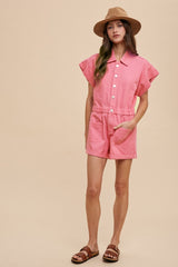 Aurora Pink Mineral Washed Elastic Waistband Pockets Romper