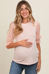 Peach Mesh Floral Puff Sleeve Maternity Top