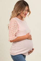 Peach Mesh Floral Puff Sleeve Maternity Top