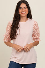 Peach Mesh Floral Puff Sleeve Maternity Top