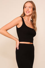 Black Ribbed Square Neck Sleeveless Crop Skirt Set