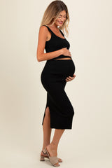 Black Ribbed Square Neck Sleeveless Crop Maternity Skirt Set